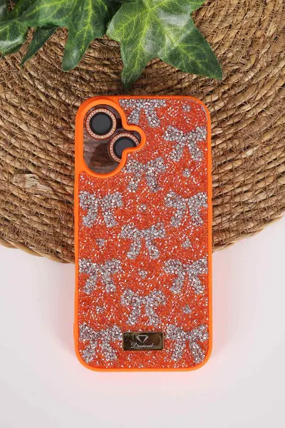 Turuncu TeknoCase İPhone 16 Uyumlu Perfect Diamond Case Serisi Taşlı Lens Hediyeli Sert Silikon Telefon Kılıfı 480833