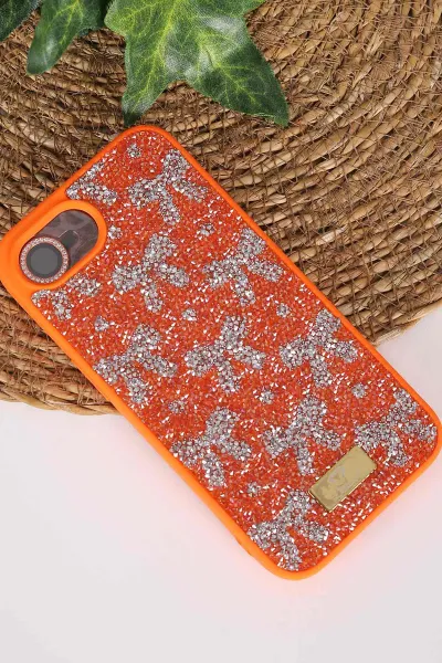 Turuncu TeknoCase İPhone 16E & 17E Uyumlu Perfect Diamond Case Serisi Taşlı Lens Hediyeli Sert Silikon Telefon Kılıfı 480892