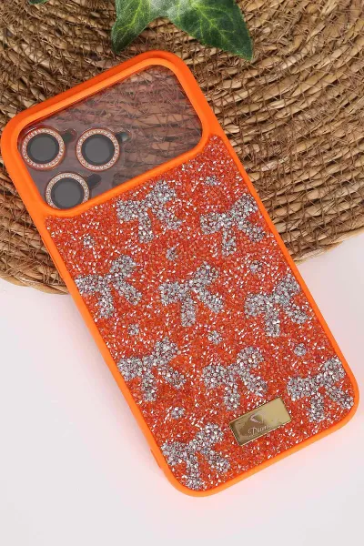Turuncu TeknoCase İPhone 17 Pro Max Uyumlu Perfect Diamond Case Serisi Taşlı Lens Hediyeli Sert Silikon Telefon Kılıfı 480868