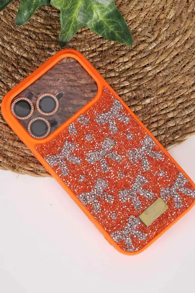 Turuncu TeknoCase İPhone 17 Pro Uyumlu Perfect Diamond Case Serisi Taşlı Lens Hediyeli Sert Silikon Telefon Kılıfı 480861