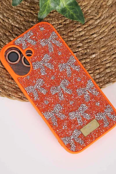 Turuncu TeknoCase İPhone 17 Uyumlu Perfect Diamond Case Serisi Taşlı Lens Hediyeli Sert Silikon Telefon Kılıfı 480855