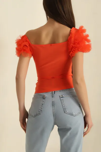 Turuncu Tüllü Kol Tasarım Sandy  Bluz 267019