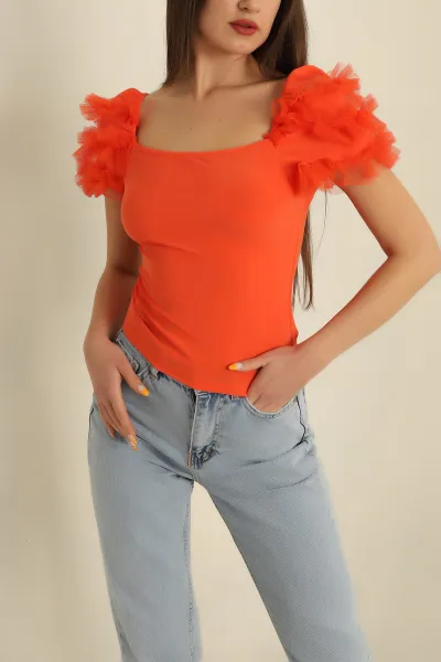 Turuncu Tüllü Kol Tasarım Sandy  Bluz 267019
