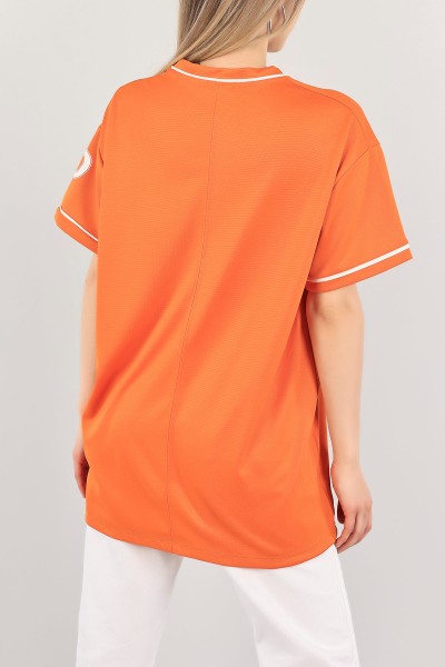 Turuncu V Yaka Baskılı Oversize Tişört 110546