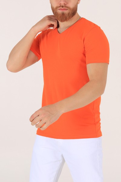 Turuncu V Yaka Basic Erkek Tişört 172980