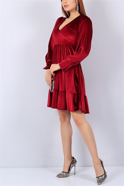 V Yaka Bordo Bayan Kadife Elbise 22437B