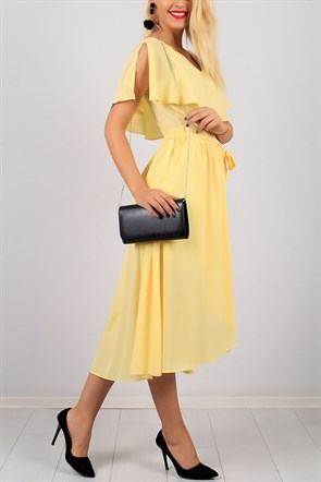 V Yaka Kemerli Sarı Bayan Elbise Modeli 8734B