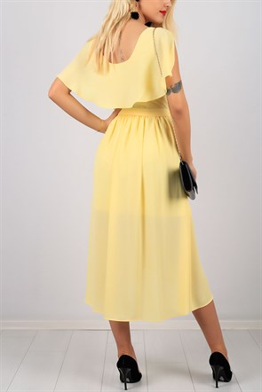 V Yaka Kemerli Sarı Bayan Elbise Modeli 8734B