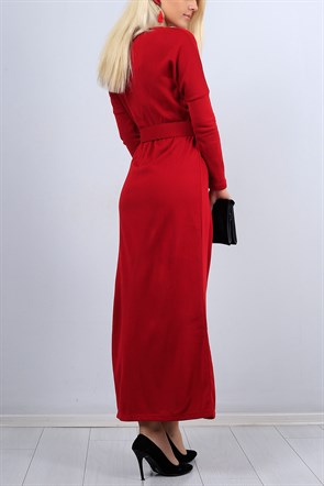 V Yaka Kırmızı Kemerli Bayan Triko Elbise 10563B