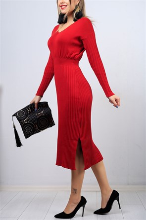 V Yaka Pileli Kırmızı Bayan Triko Elbise 9919B