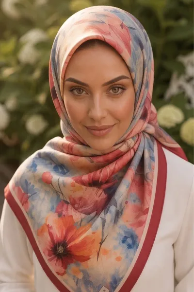 Vişne 90x90 Cm Dijital Baskılı Kozmos Desen Kutulu Twill Eşarp 500973