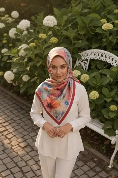 Vişne 90x90 Cm Dijital Baskılı Kozmos Desen Kutulu Twill Eşarp 500973
