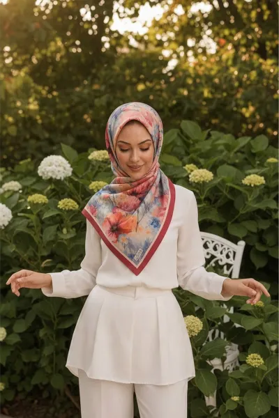 Vişne 90x90 Cm Dijital Baskılı Kozmos Desen Kutulu Twill Eşarp 500973