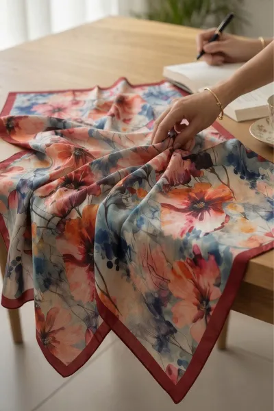 Vişne 90x90 Cm Dijital Baskılı Kozmos Desen Kutulu Twill Eşarp 500973