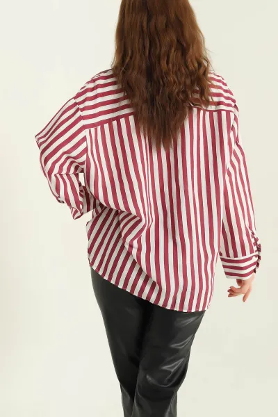 Vişne Çizgili Oversize Mikro Saten Gömlek 332416