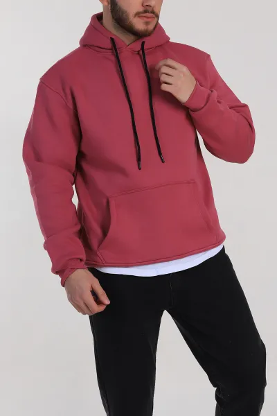 Vişne Relaxed Fit Üç İp Şardonlu Kapüşonlu Basic Erkek Sweatshirt 332704