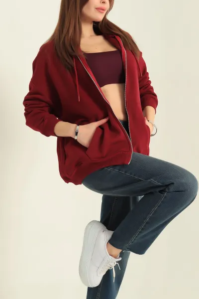 Vişne Şardonlu Kapşonlu Üç İp Bayan Sweat 333077