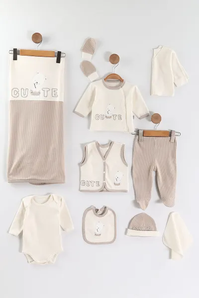 Vizon (0-3 Ay) Cute Ayıcık Nakışlı   10 Parça Kutulu Yeni Doğan Erkek Bebek Zıbın Seti 443600