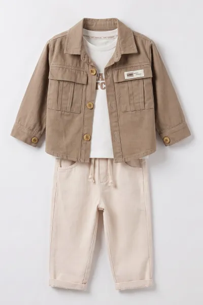 Vizon (1-4 Yaş)Cebi Nakışlı Gabardin Ceketli  Erkek Çocuk&Bebek 3'lü Takım 501395