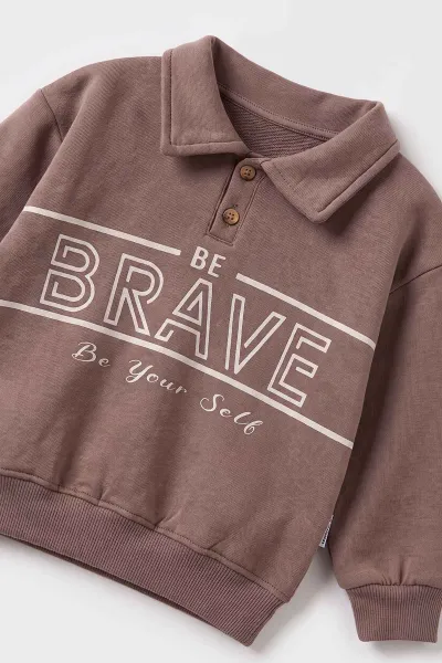 Vizon (1-5 Yaş) Brave Baskılı Yaka Patlı 3 İp Şardonlu Sweatli Kot Pantolonlu Erkek Çocuk Kışlık Takım 496208