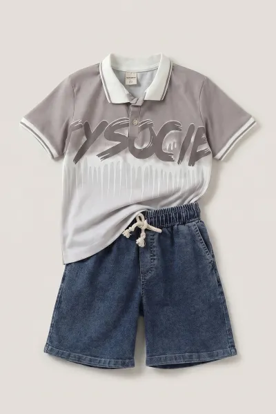 Vizon (1-9 Yaş)Polo Yaka Düğmeli Kot Şortlu Erkek Çocuk Takım 462767