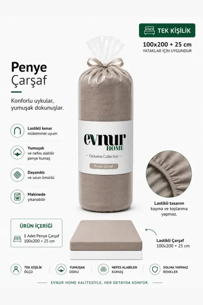 Vizon 100x200+25 Cm  Evnur Home Penye Tek Kişilik Fitted (Lastikli) Çarşaf 467378