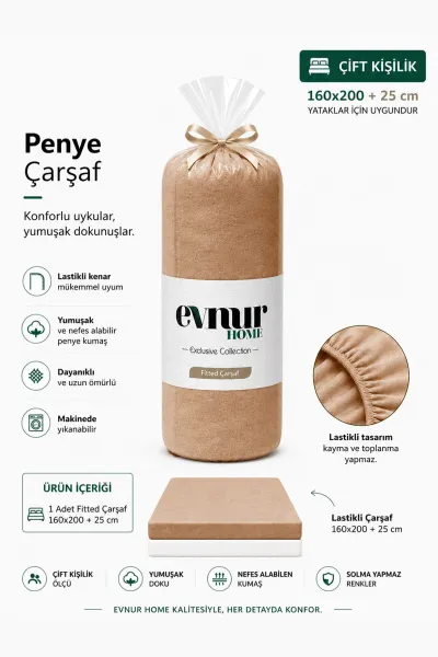 Vizon 160x200+25 Cm  Evnur Home Penye Çift Kişilik Fitted (Lastikli) Çarşaf 467369