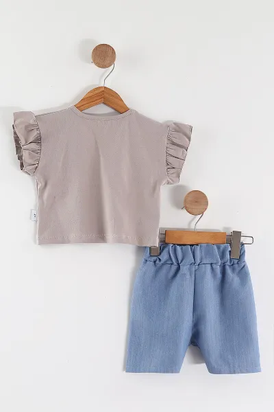 Vizon (2-5 Yaş)Fiyonk Baskılı Tencel Kumaş Şortlu Kız Çocuk Takım 462563