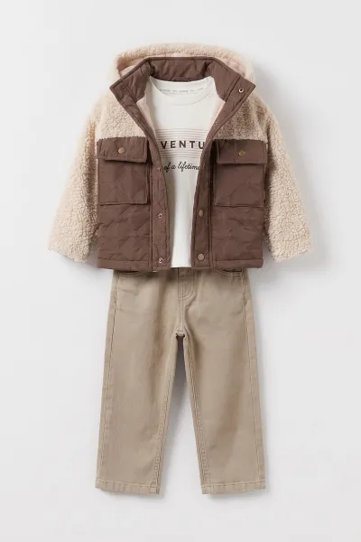 Vizon (2-6 Yaş) Baskılı Badili Gabardin Pantolonlu ve Montlu Erkek Çocuk 3'lü Takım 499755