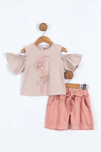 Vizon (3-7 Yaş) Fashion Baskılı Açık Omuz Detaylı Kemerli Şortlu Kız Çocuk Yazlık Takım 361720