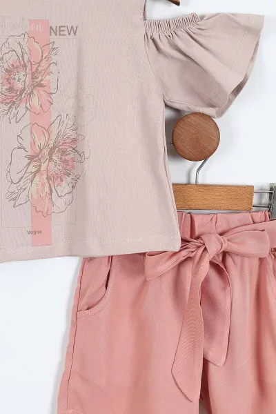 Vizon (3-7 Yaş) Fashion Baskılı Açık Omuz Detaylı Kemerli Şortlu Kız Çocuk Yazlık Takım 361720