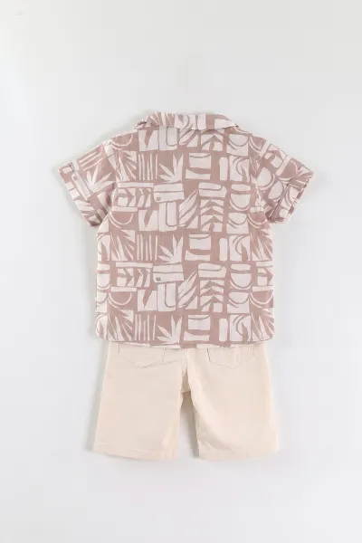 Vizon (3-9 Yaş) Desenli Keten Gömlekli Gabardin Şortlu Erkek Çocuk Yazlık Takım 465932