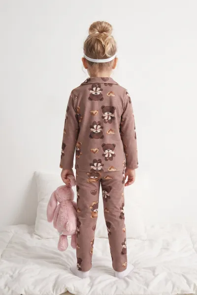Vizon (4-12 Yaş)  Desenli Önden Düğmeli Göz Bandı Detaylı Kız Çocuk Pijama Takım 473464