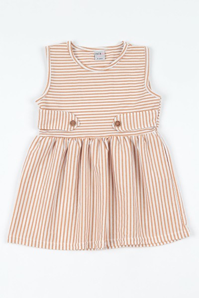 Vizon (4-8 yaş) Düğme Detay Çizgili Kız Çocuk Elbise 108742