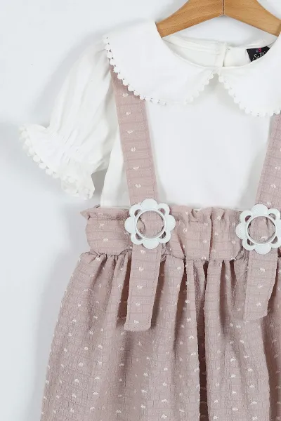 Vizon (4-8 Yaş) Papatya Tokalı Bebe Yaka Kız Çocuk Salopet Takım 276853