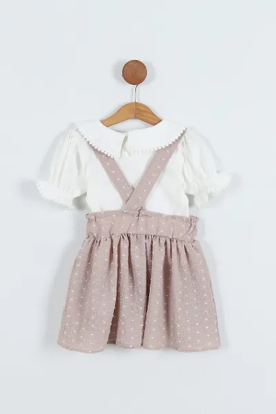 Vizon (4-8 Yaş) Papatya Tokalı Bebe Yaka Kız Çocuk Salopet Takım 276853