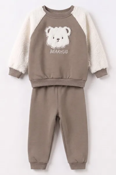 Vizon (6-24 Ay) Ayı Nakışlı Kolları Peluş İçi Şardonlu Erkek Bebek Kışlık Takım 493941