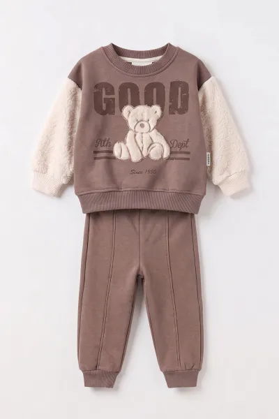Vizon (6-24 Ay) Süzene Ayıcık Nakışlı Kolları Peluş  3 İp Şardonlu Erkek Bebek Kışlık Takım 497400