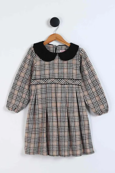 Vizon (7-10 Yaş)Bebe Yaka Ekoseli Kız Çocuk Elbise 338059