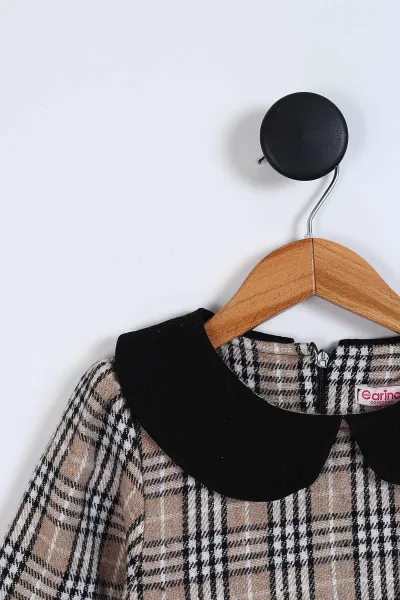 Vizon (7-10 Yaş)Bebe Yaka Ekoseli Kız Çocuk Elbise 338059