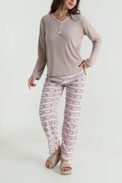 Vizon Armut Yaka Fitilli Kadın Pijama Takımı 494676
