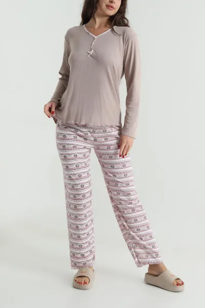 Vizon Armut Yaka Fitilli Kadın Pijama Takımı 494676