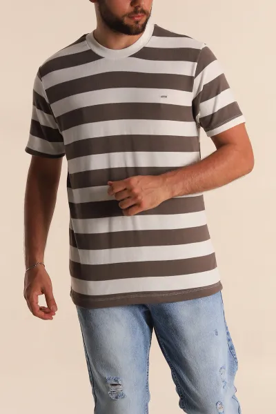 Vizon Beyaz Çizgili Relaxed Fit Erkek Triko Tişört 279242