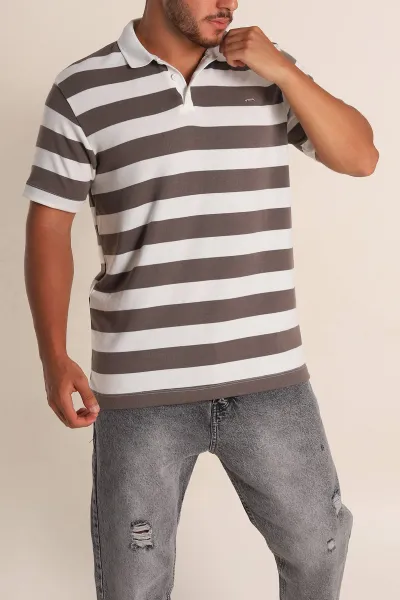 Vizon Beyaz Çizgili Relaxed Fit Polo Yaka Erkek Triko Tişört 279237