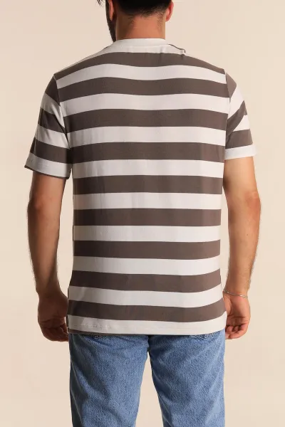 Vizon Beyaz Çizgili Relaxed Fit Yazı Detay Erkek Triko Tişört 279247