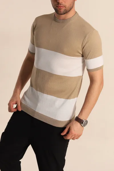 Vizon Beyaz Geniş Çizgili Slim Fit Erkek Triko Tişört 260934
