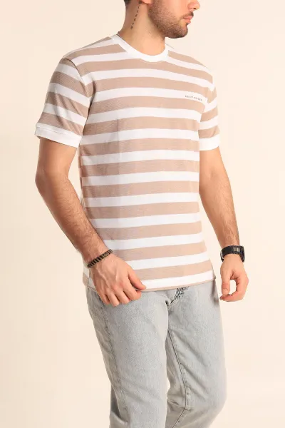 Vizon Beyaz Regular Fit Çizgili Yazı Detay Erkek Tişört 252185