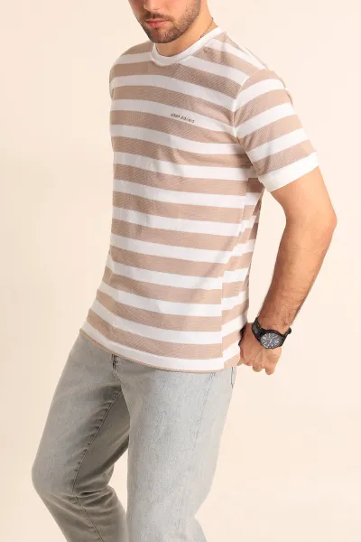 Vizon Beyaz Regular Fit Çizgili Yazı Detay Erkek Tişört 252185