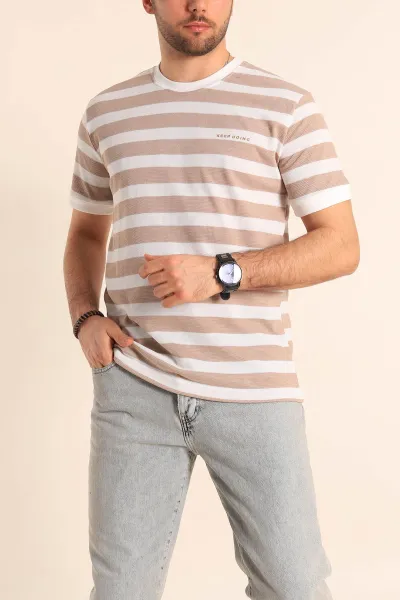Vizon Beyaz Regular Fit Çizgili Yazı Detay Erkek Tişört 252185