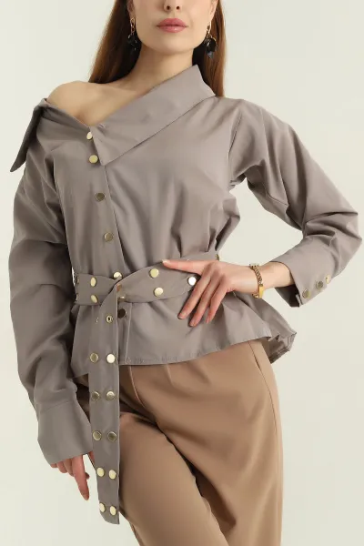 Vizon Çıtçıtlı Kayık Yaka Kadın Poplin Gömlek 349085